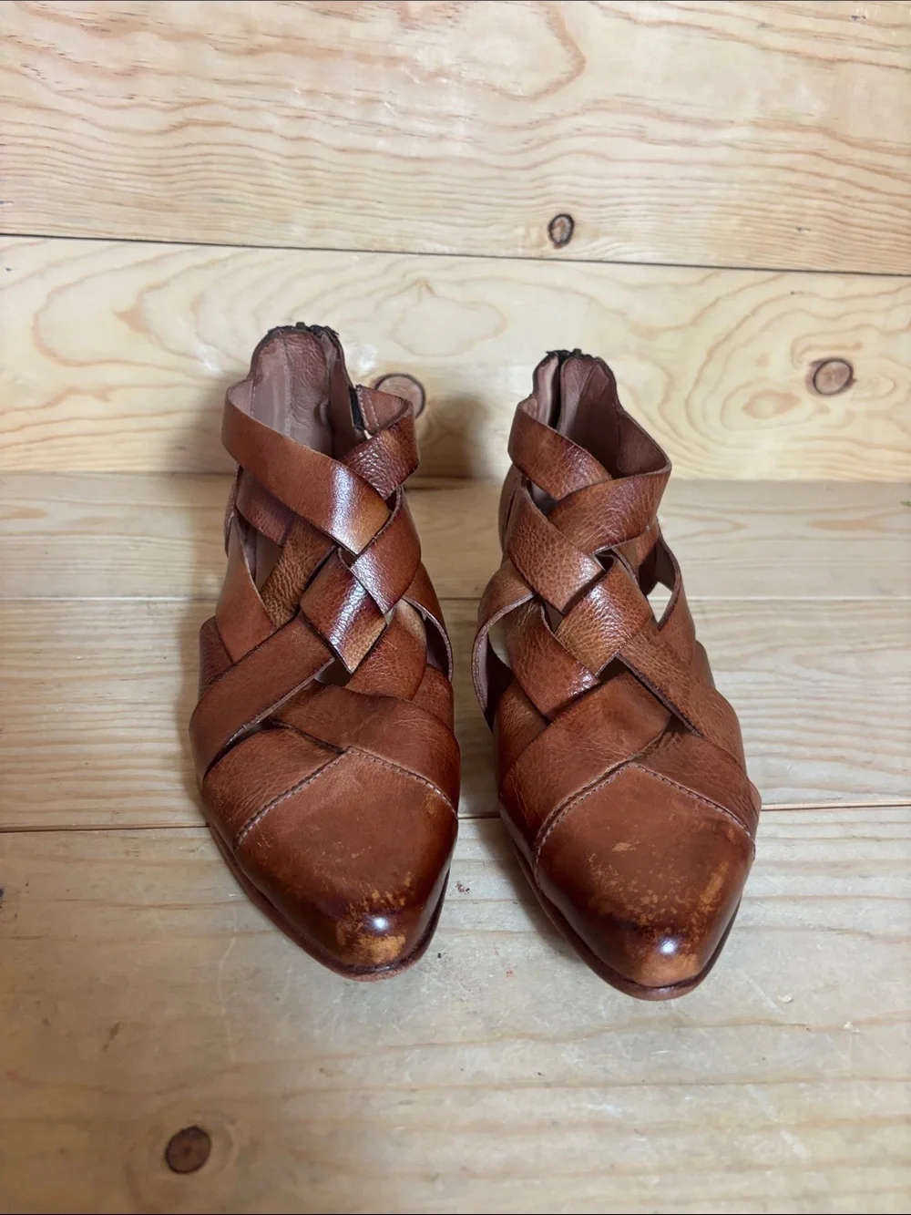 Bed Stu Brittany woven brown leather booties size 7